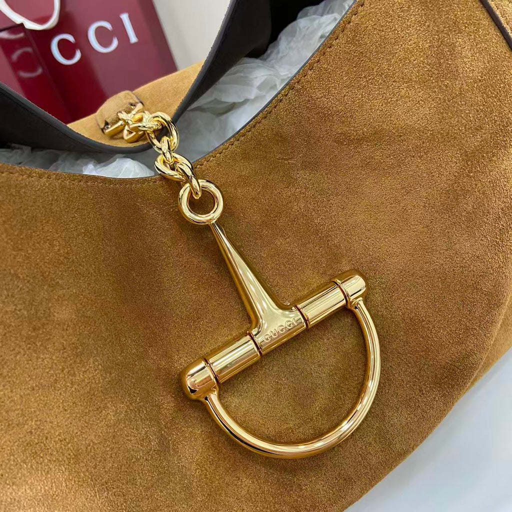 Gucci 25 Softbit 46cm Brown Gold Suede Leather 290512