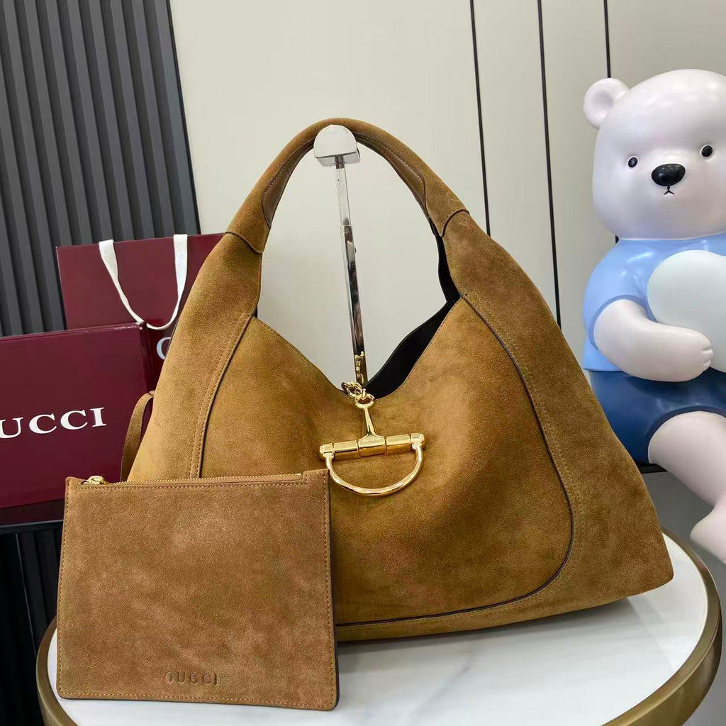 Gucci 25 Softbit 46cm Brown Gold Suede Leather 290512