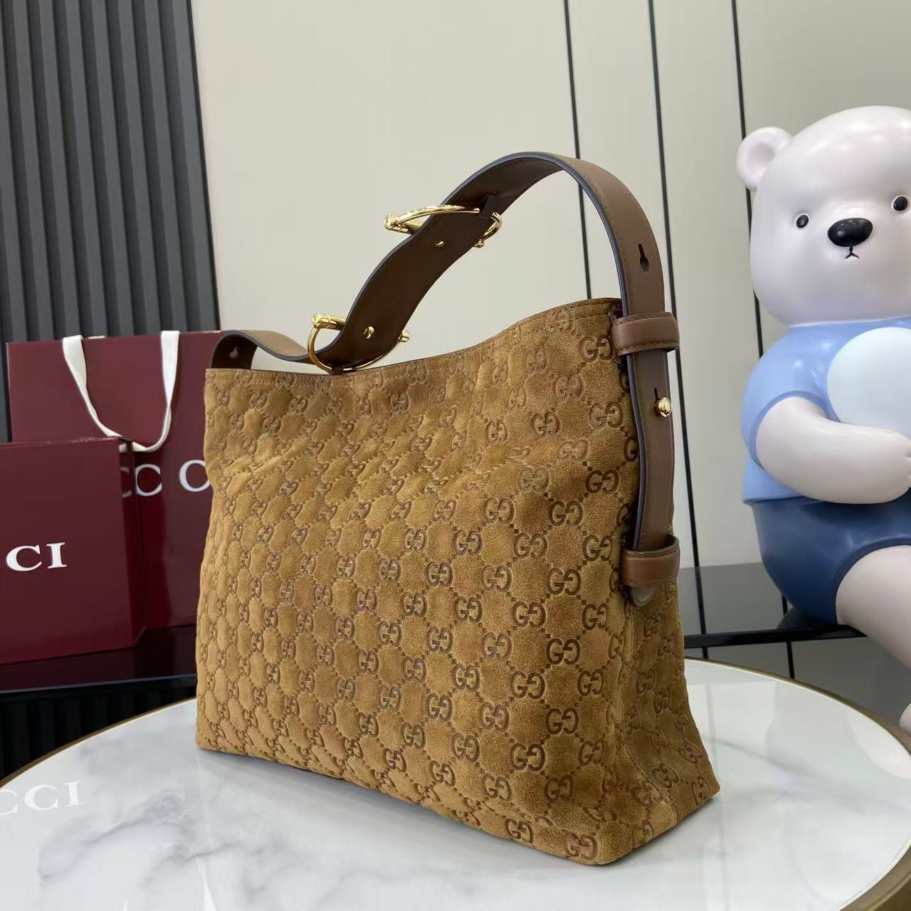 Gucci 25 Beatrix Handbag Brown Gold Suede