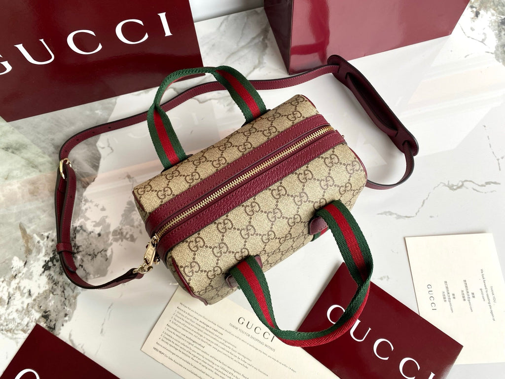 Gucci 25 GG Handbag 20cm  Beige mix Rosso Ancora Red Canvas Leather 286710