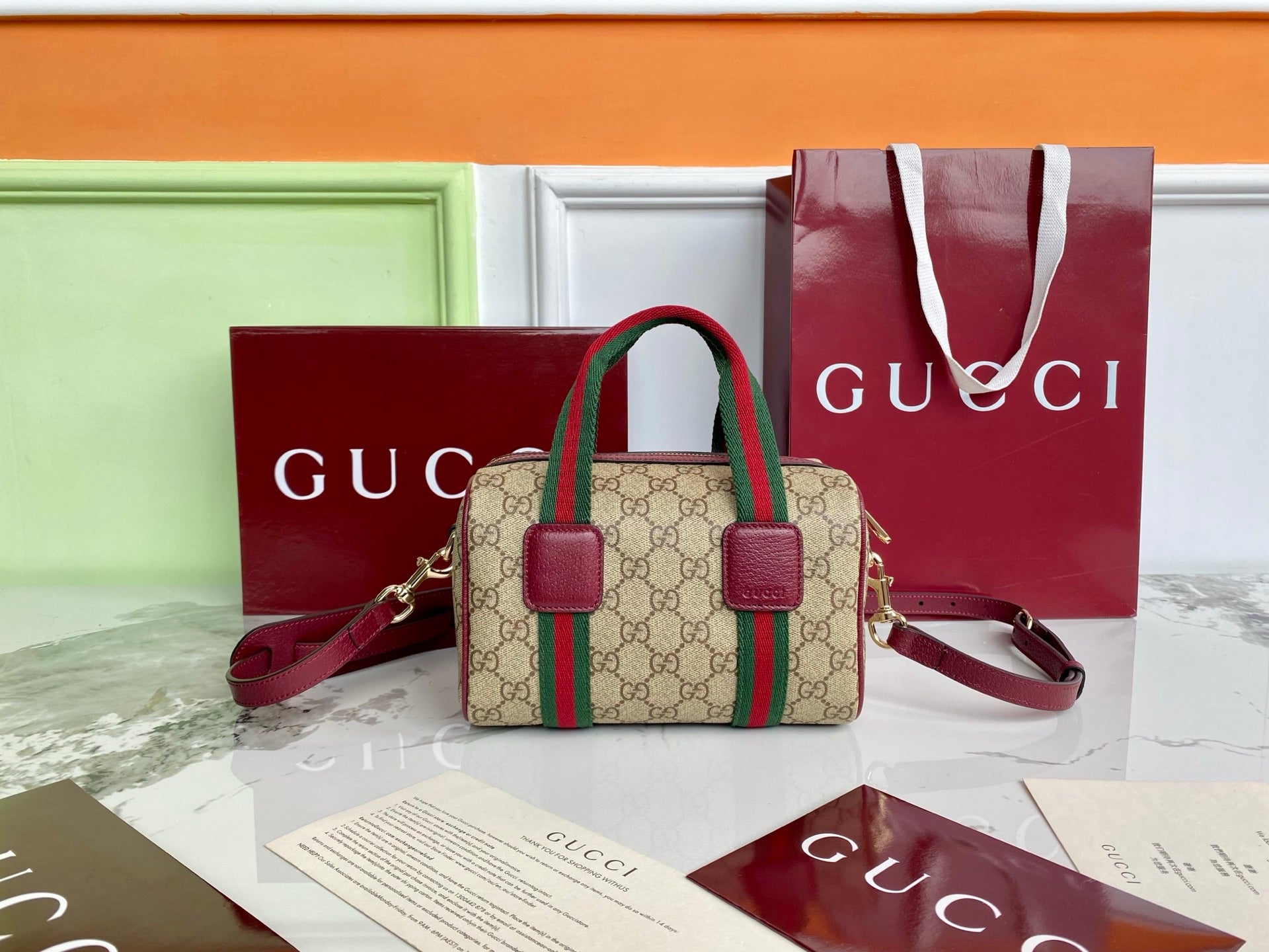 Gucci 25 GG Handbag 20cm  Beige mix Rosso Ancora Red Canvas Leather 286710