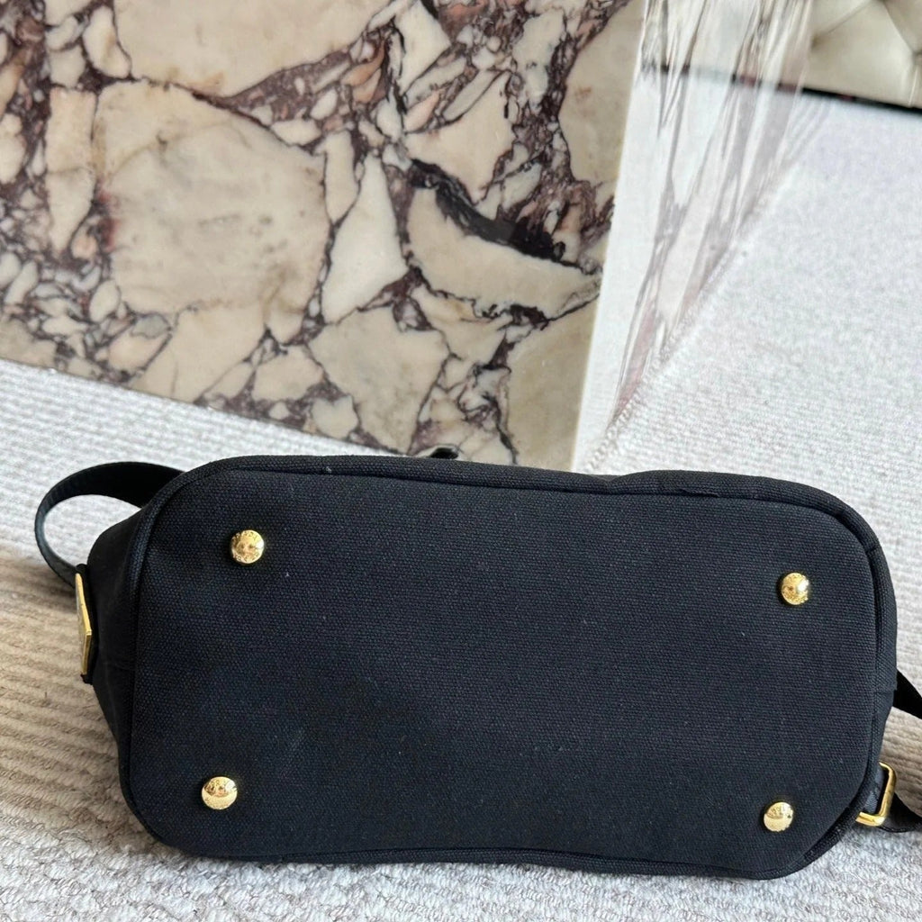 EMBROIDED LOGO LARGE HANDBAG 30 IN BLACK LINEN BLEND
