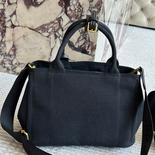 EMBROIDED LOGO LARGE HANDBAG 30 IN BLACK LINEN BLEND