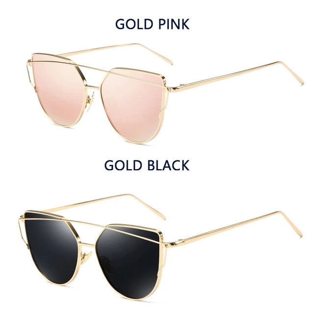 Cat Eye Vintage Brand Designer Rose Gold Mirror Sunglasses For Women Metal Reflective flat lens Sun Glasses Female oculoss-sss