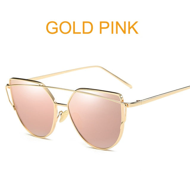Cat Eye Vintage Brand Designer Rose Gold Mirror Sunglasses For Women Metal Reflective flat lens Sun Glasses Female oculoss-sss