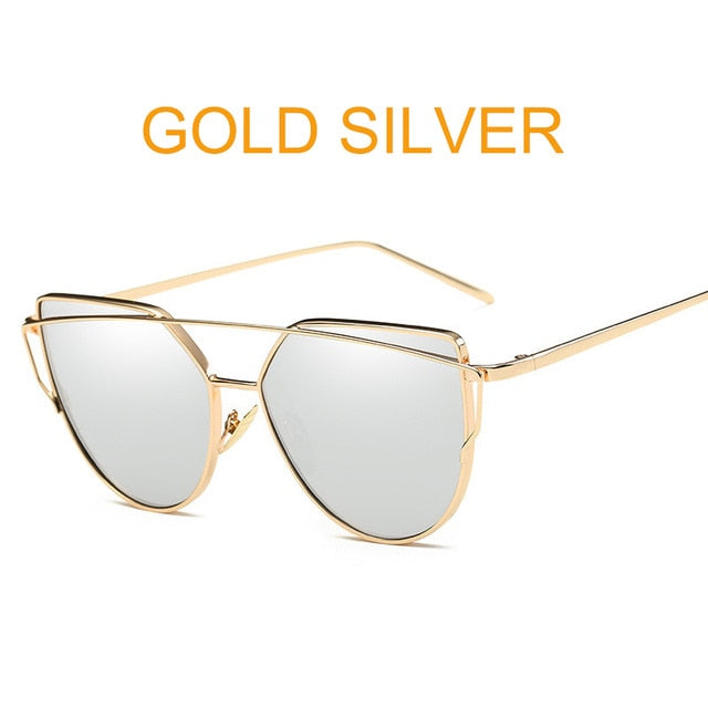 Cat Eye Vintage Brand Designer Rose Gold Mirror Sunglasses For Women Metal Reflective flat lens Sun Glasses Female oculoss-sss
