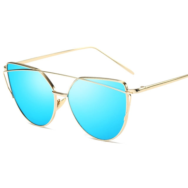 Cat Eye Vintage Brand Designer Rose Gold Mirror Sunglasses For Women Metal Reflective flat lens Sun Glasses Female oculoss-sss