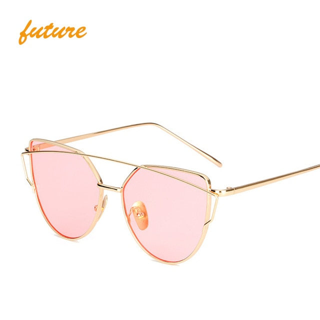 Cat Eye Vintage Brand Designer Rose Gold Mirror Sunglasses For Women Metal Reflective flat lens Sun Glasses Female oculoss-sss