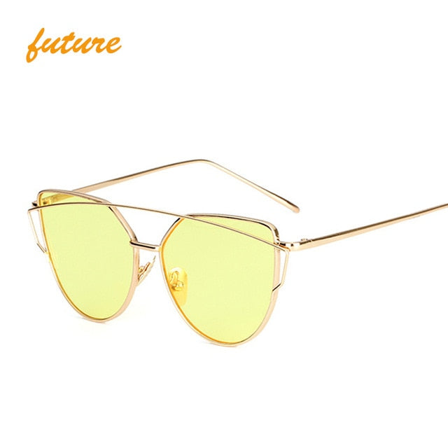 Cat Eye Vintage Brand Designer Rose Gold Mirror Sunglasses For Women Metal Reflective flat lens Sun Glasses Female oculoss-sss