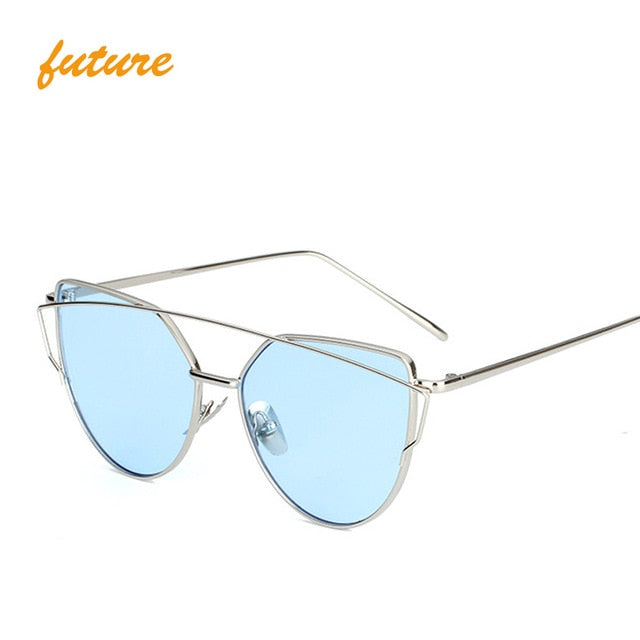 Cat Eye Vintage Brand Designer Rose Gold Mirror Sunglasses For Women Metal Reflective flat lens Sun Glasses Female oculoss-sss