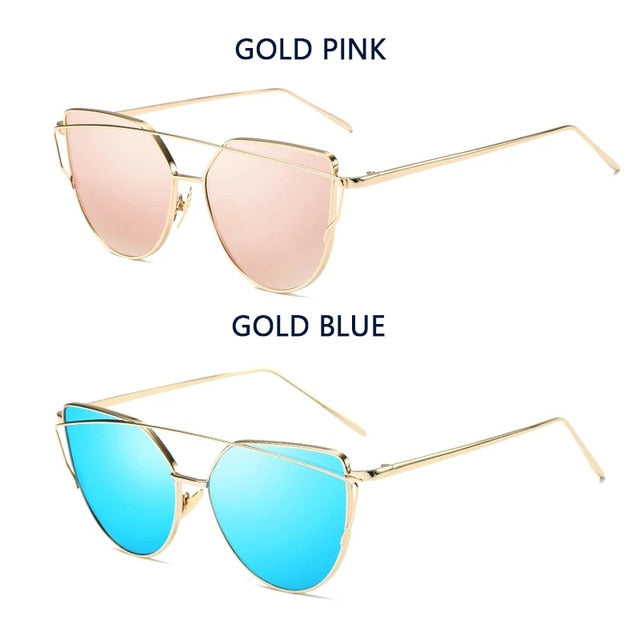 Cat Eye Vintage Brand Designer Rose Gold Mirror Sunglasses For Women Metal Reflective flat lens Sun Glasses Female oculoss-sss