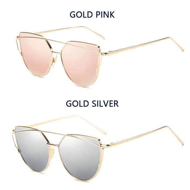 Cat Eye Vintage Brand Designer Rose Gold Mirror Sunglasses For Women Metal Reflective flat lens Sun Glasses Female oculoss-sss