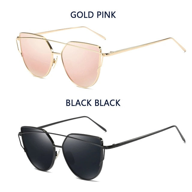 Cat Eye Vintage Brand Designer Rose Gold Mirror Sunglasses For Women Metal Reflective flat lens Sun Glasses Female oculoss-sss